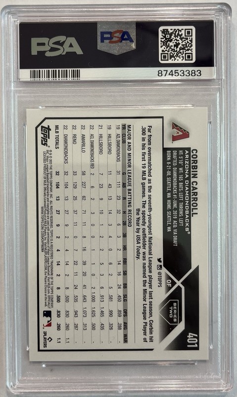 2023 Topps Corbin Carroll #401 RC Rookie Card DBacks  PSA 10  GEM MINT view 2