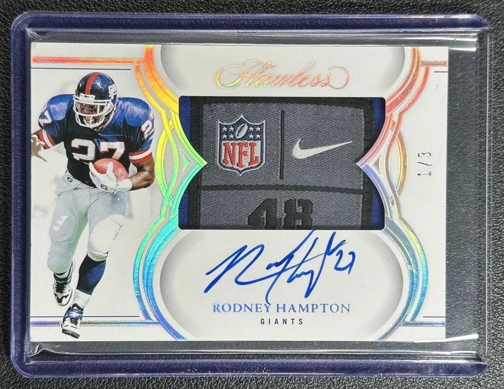 RODNEY HAMPTON 2025 PANINI FLAWLESS #55 LAUNDRY TAG LOGO PATCH AUTO #1/3 SSP