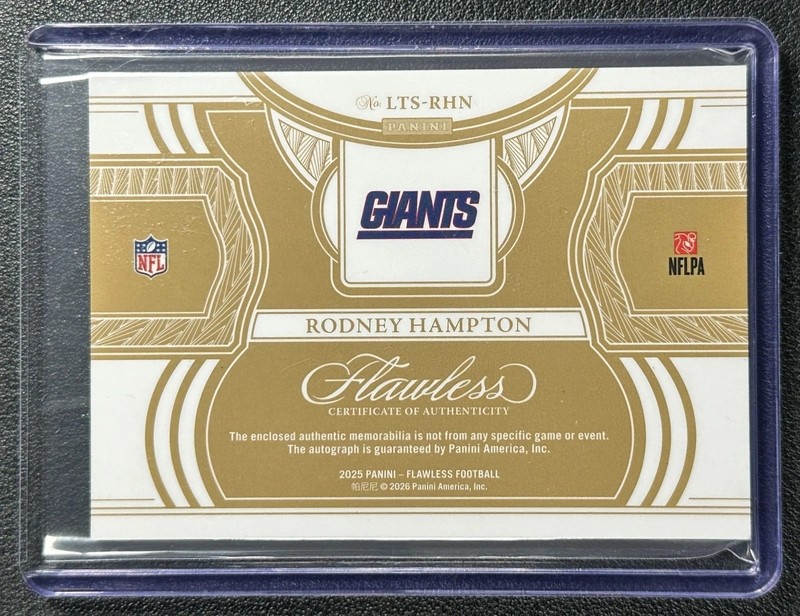 RODNEY HAMPTON 2025 PANINI FLAWLESS #55 LAUNDRY TAG LOGO PATCH AUTO #1/3 SSP view 2