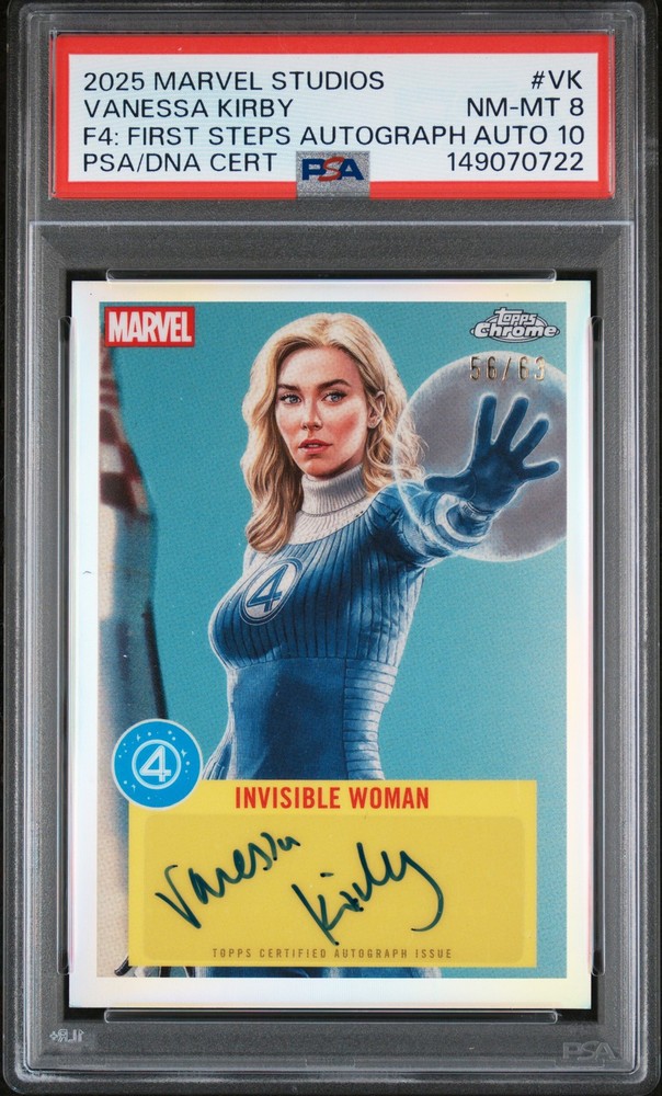 2025 TOPPS MARVEL STUDIOS CHROME INVISIBLE WOMAN/VANESSA KIRBY /63 PSA 8 AUTO 10