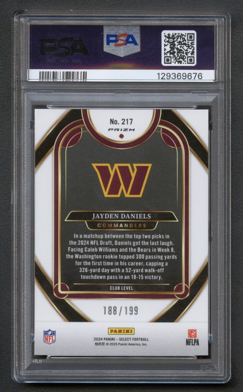 JAYDEN DANIELS 2024 SELECT CLUB LEVEL WHITE SHOCK PRIZM REFRACTOR RC /199 PSA 9 view 2