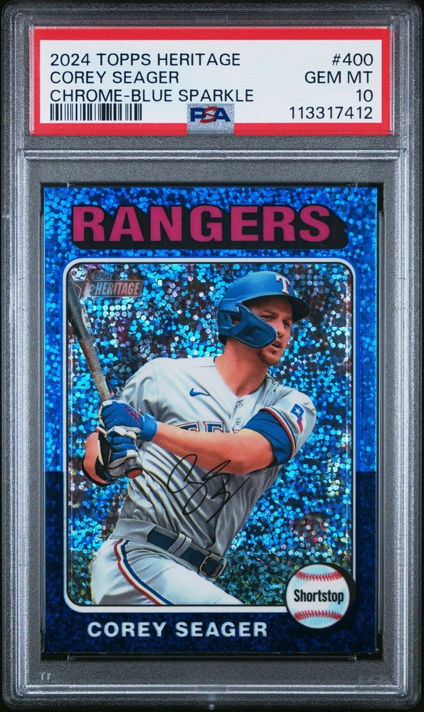2024 TOPPS HERITAGE CHROME-BLUE SPARKLE #400 COREY SEAGER PSA 10