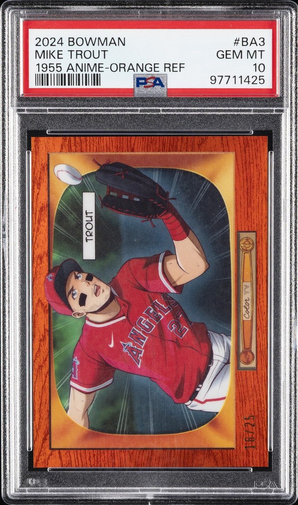 2024 BOWMAN 1955 BOWMAN ANIME ORANGE REFRACTOR #BA3 MIKE TROUT 18/25 PSA 10