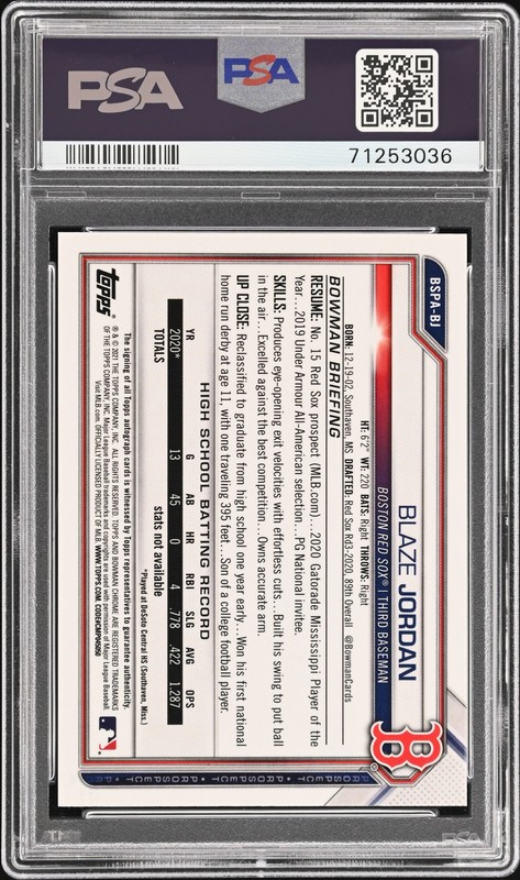 2021 BOWMAN CHROME SAPPHIRE EDITION AUTOS #BSPABJ BLAZE JORDAN PSA 10 AUTO view 2