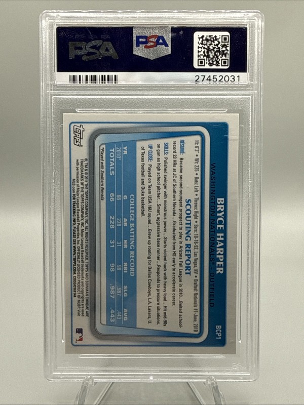 2011 Bowman BRYCE HARPER Chrome Prospect #BCP-1 PSA 9  *slab mislabeled* view 2