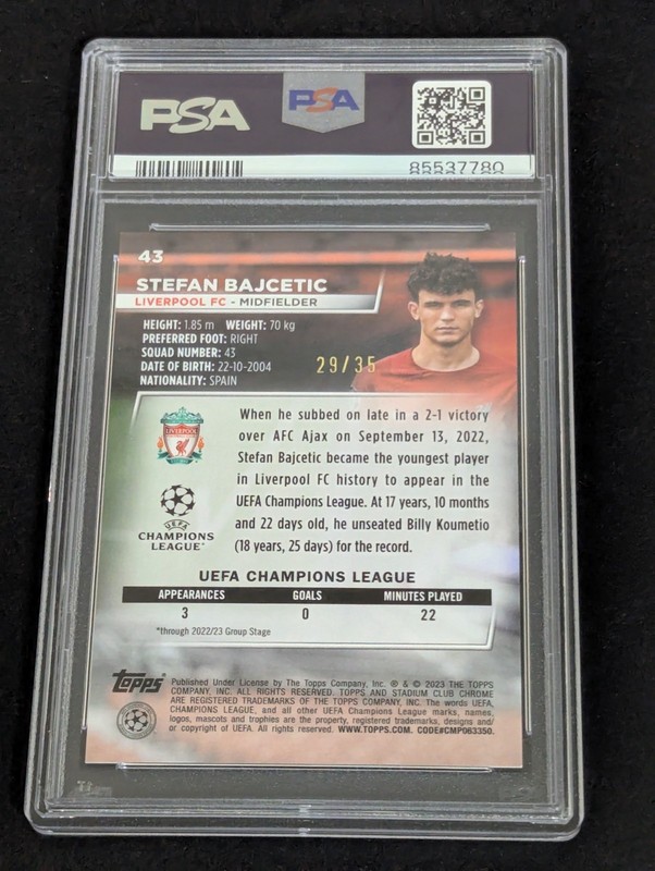 2022-23 Stefan Bajcetic Topps Stadium Club Chrome Black Gold Rookie /35 PSA 10 view 2