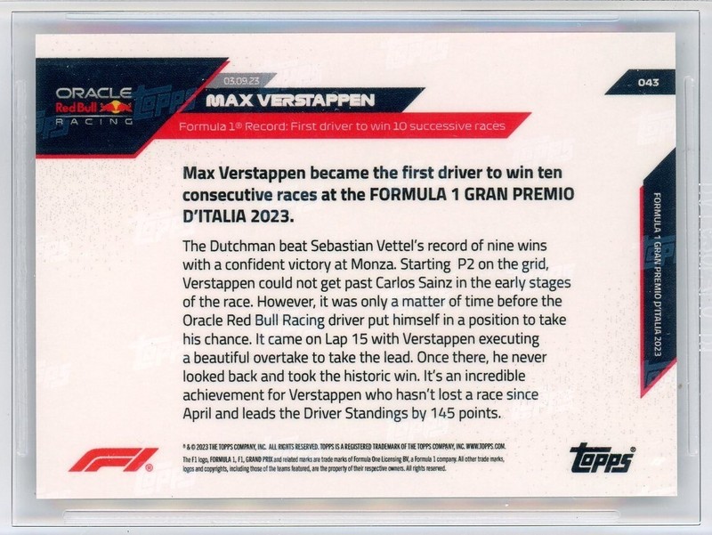 2023 TOPPS NOW FORMULA 1 #43 MAX VERSTAPPEN - BGS BLACK LABEL QUAD 10! view 2