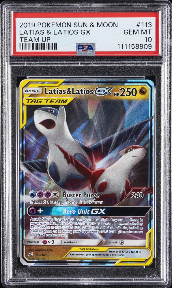 2019 POKEMON SUN & MOON TEAM UP #113 LATIAS & LATIOS GX PSA 10