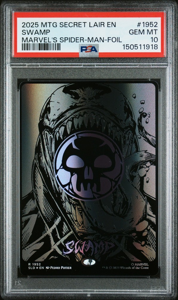 2025 MTG SECRET LAIR DROP MARVEL'S SPIDER-MAN: MANA SYMBIOTE-FOIL SWAMP PSA 10