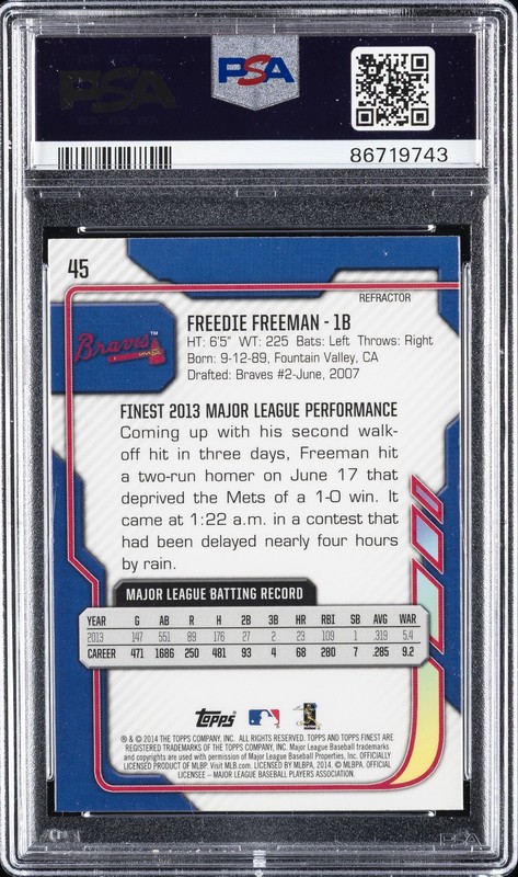 2014 FINEST REFRACTOR #45 FREDDIE FREEMAN PSA 9 view 2