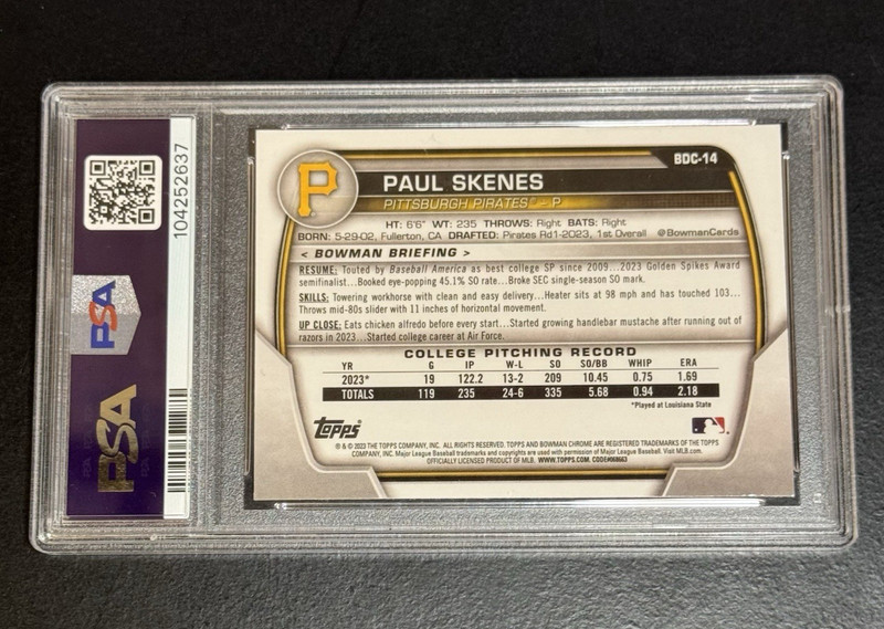 Paul Skenes 1st Bowman PSA 8 Rookie 2023 Bowman Draft Chrome #BDC-14 Pirates ROY view 2