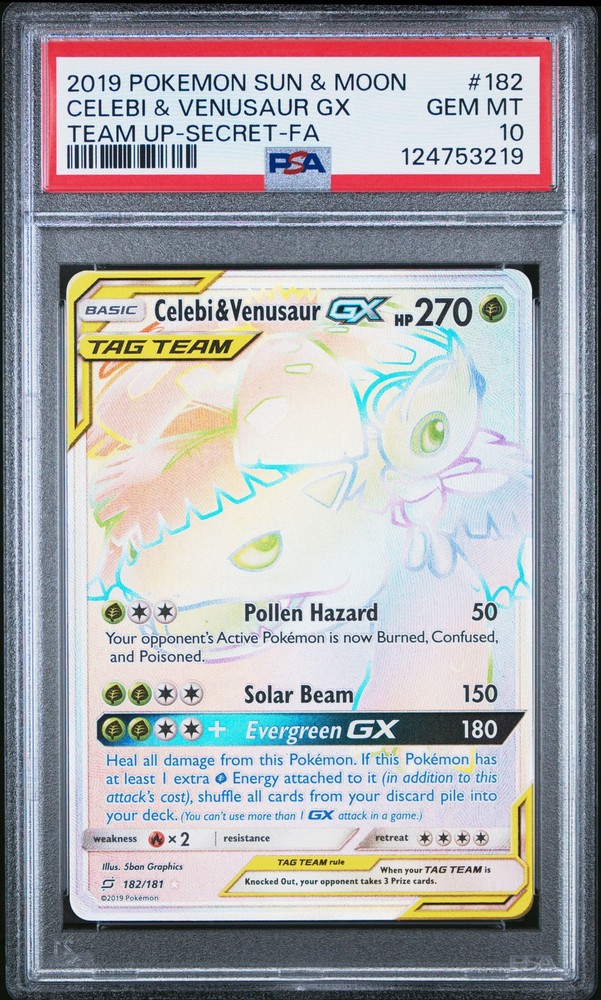 2019 POKEMON SUN & MOON TEAM UP SECRET #182 FULL ART/CELEBI & VENUSAUR GX PSA 10
