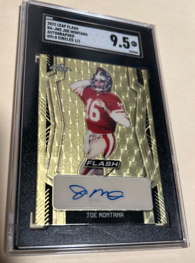 #1/1 JOE MONTANA AUTO SGC 9.5 MT+ FLASH GOLD CIRCLES VINYL  “SUPERFRACTOR” POP 1
