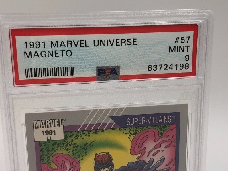 1991 MARVEL UNIVERSE trading card MAGNETO #157 MCU VILLIANS graded PSA MINT 9 view 2