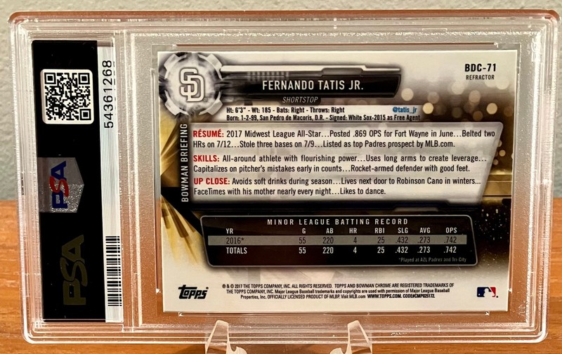 2017 Bowman Chrome Draft Fernando Tatis Jr Refractor Pre Rookie RC #BDC71 PSA 10 view 2