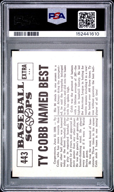 1961 NU-CARD SCOOPS PLAYER OF ALL TIME #443 TY COBB NAMED BEST PSA 5 view 2