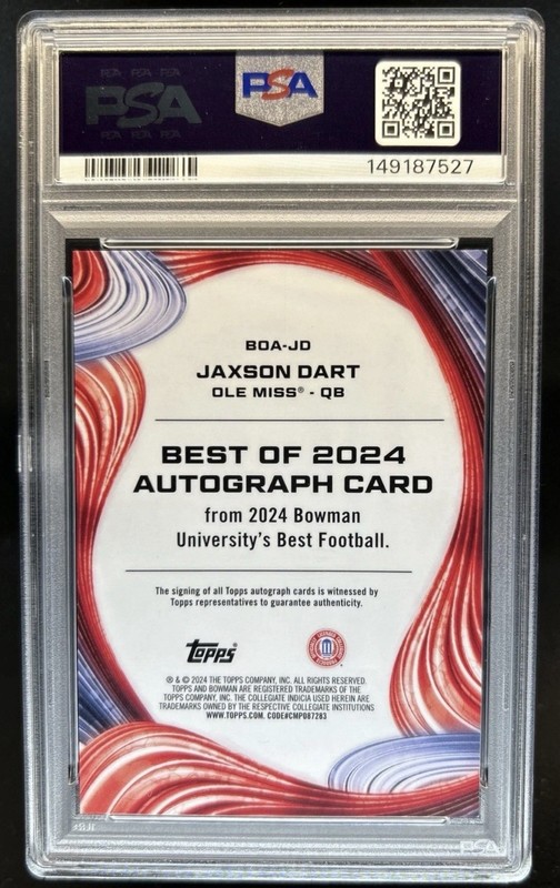 2024 Bowman U Jaxson Dart Auto Superfractor #1/1 PSA Authentic Chaser Read view 2