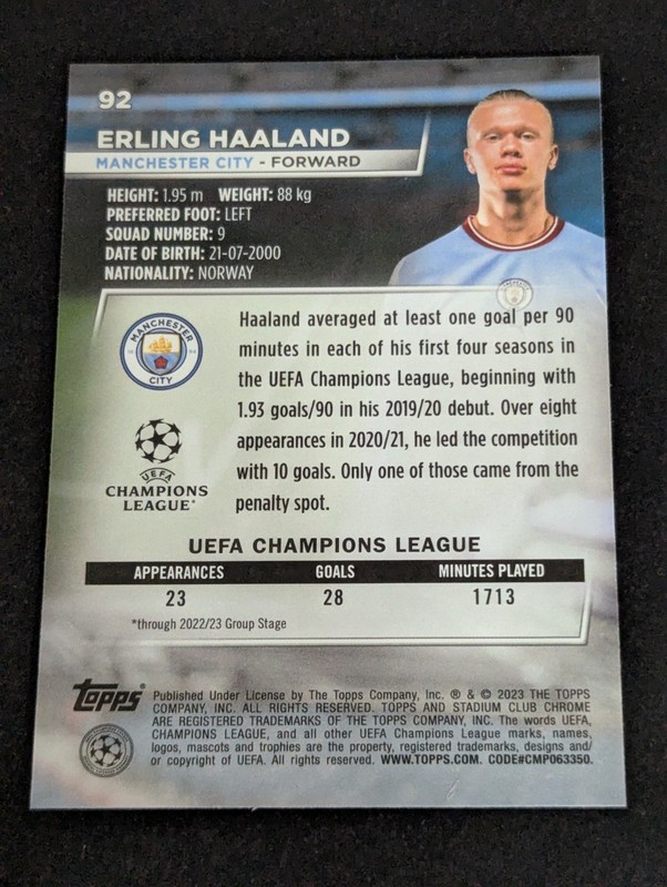 2022-23 Topps Stadium Club Chrome UEFA Club Competitions Erling Haaland #92 Blue view 2