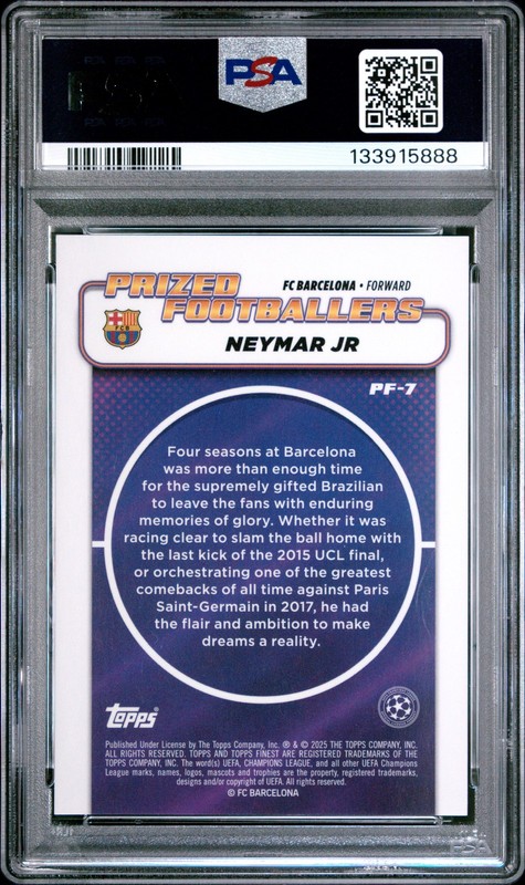 TOPPS FINEST UEFA CLUB COMPETITIONS PRIZED FOOTBALLERS NEYMAR JR 14/50 PSA 9 view 2