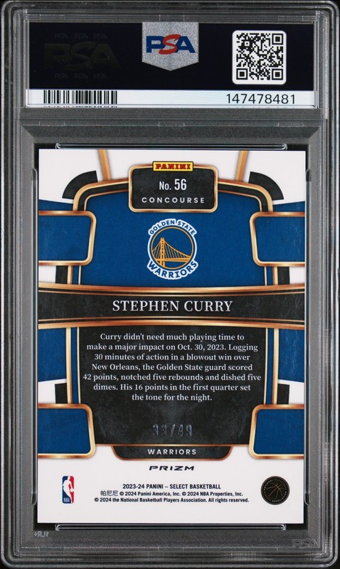2023 PANINI SELECT BRONZE CHECKER #56 STEPHEN CURRY 33/49 PSA 10 view 2