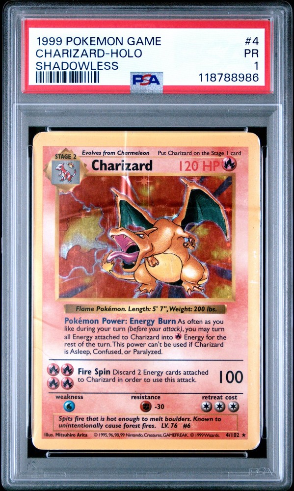 1999 POKEMON GAME SHADOWLESS #4 CHARIZARD-HOLO PSA 1