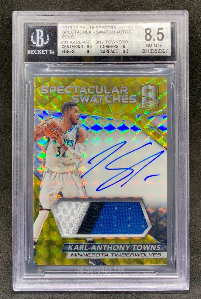 2016-17 Spectra KARL ANTHONY TOWNS Gold Prizm Patch Auto SP /10 Mint BGS 8.5/10