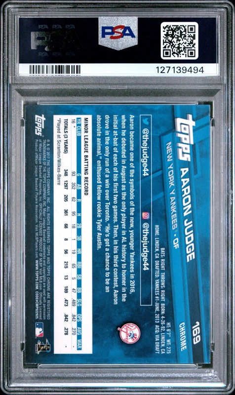 2017 TOPPS CHROME #169 AARON JUDGE ROOKIE RC PSA 9 view 2