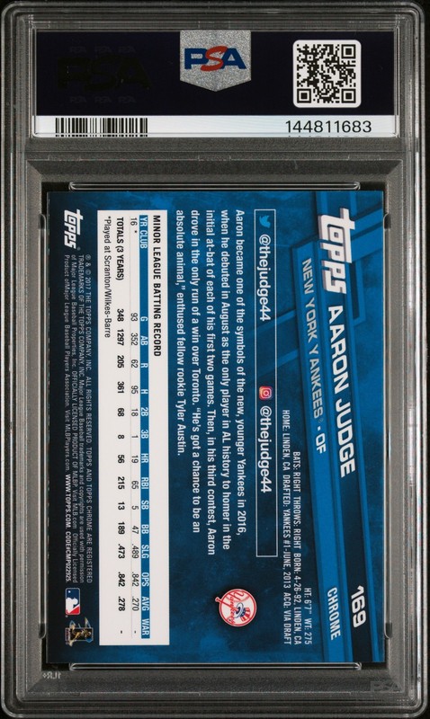 2017 TOPPS CHROME #169 AARON JUDGE ROOKIE RC PSA 10 view 2
