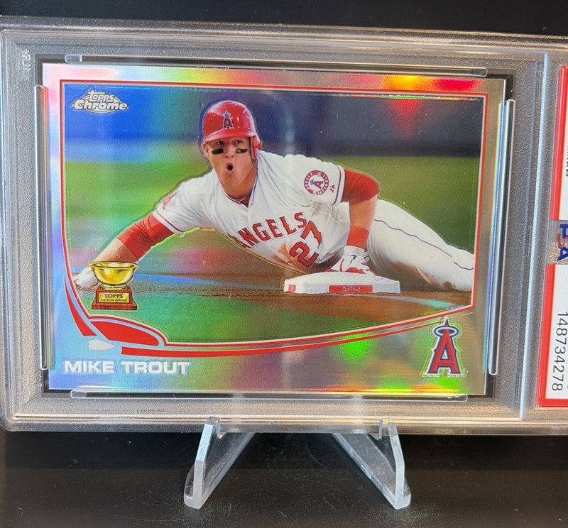 2013 Topps Chrome Refractor Mike Trout #1 Sliding PSA 9 All Star Rookie Gold Cup view 2