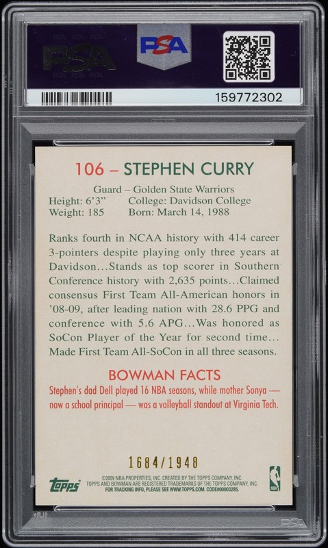 2009 BOWMAN '48 BLUE #106 STEPHEN CURRY ROOKIE RC 1684/1948 PSA 7 view 2