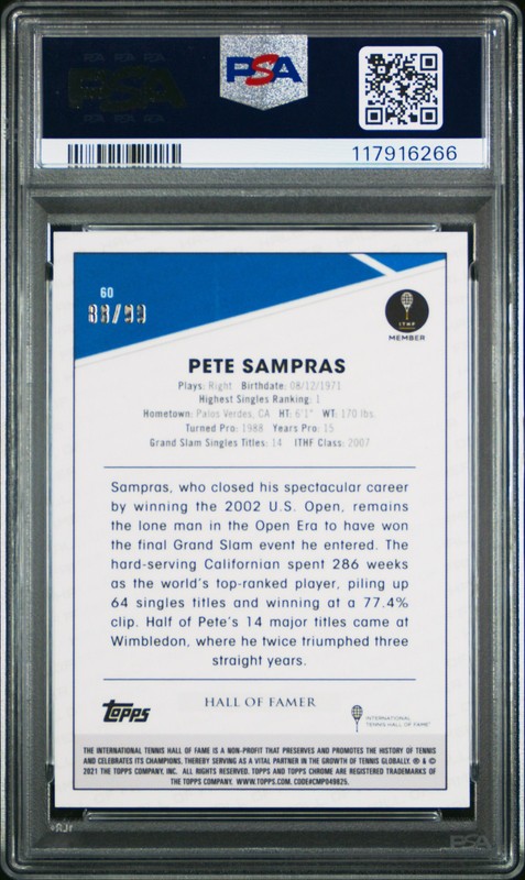 2021 TOPPS CHROME TENNIS BLUE RAYWAVE #60 PETE SAMPRAS 88/99 PSA 10 view 2