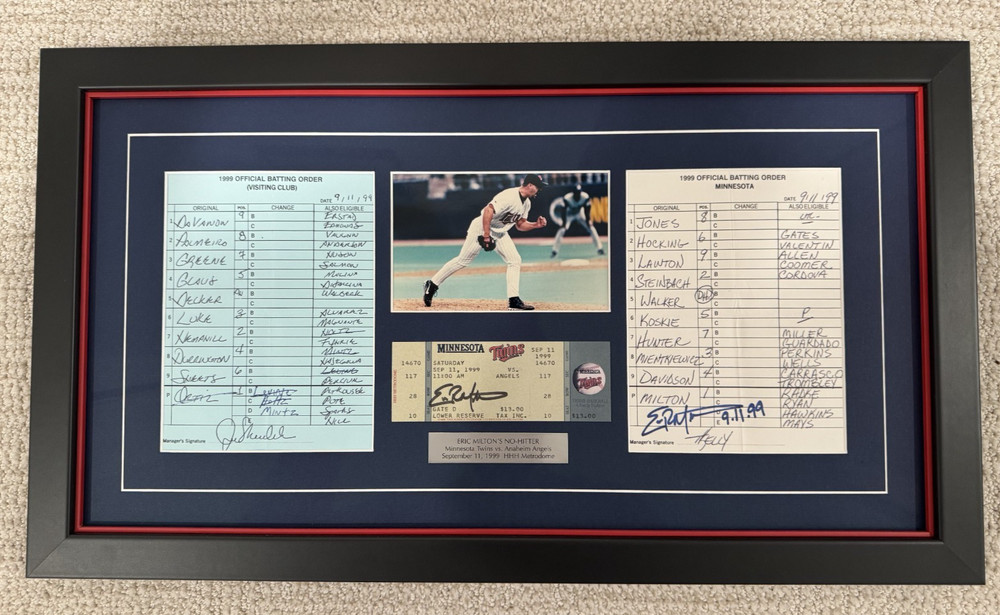 Eric Milton Game Used No-Hitter Lineup Card Display 9/11/1999 Twins Angels Auto