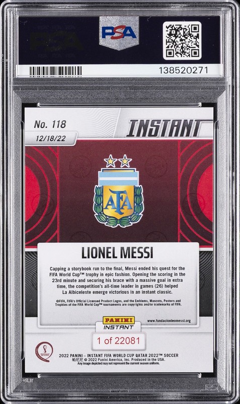 2022 PANINI INSTANT FIFA WORLD CUP QATAR #118 LIONEL MESSI PSA 10 view 2
