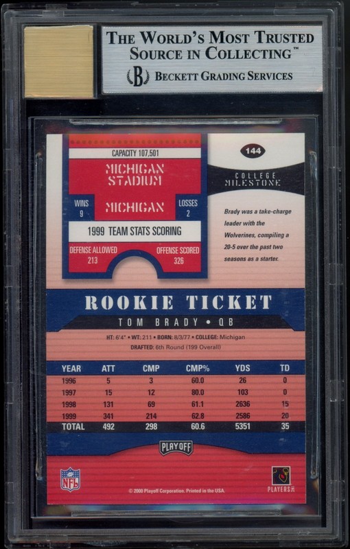 2000 PLAYOFF CONTENDERS AUTOGRAPH #144 TOM BRADY RC ROOKIE BGS 9 AUTO 10 view 2