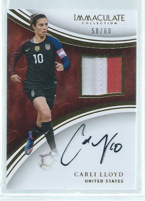 CARLI LLOYD 2017-18 PANINI IMMACULATE USA MATCH WORN PATCH ON CARD AUTO #D 58/60