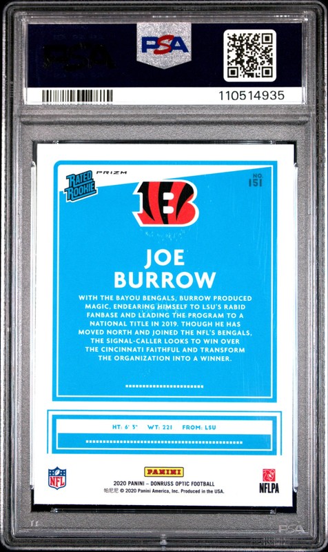 2020 PANINI DONRUSS OPTIC BLUE HYPER #151 JOE BURROW ROOKIE RC PSA 9 view 2