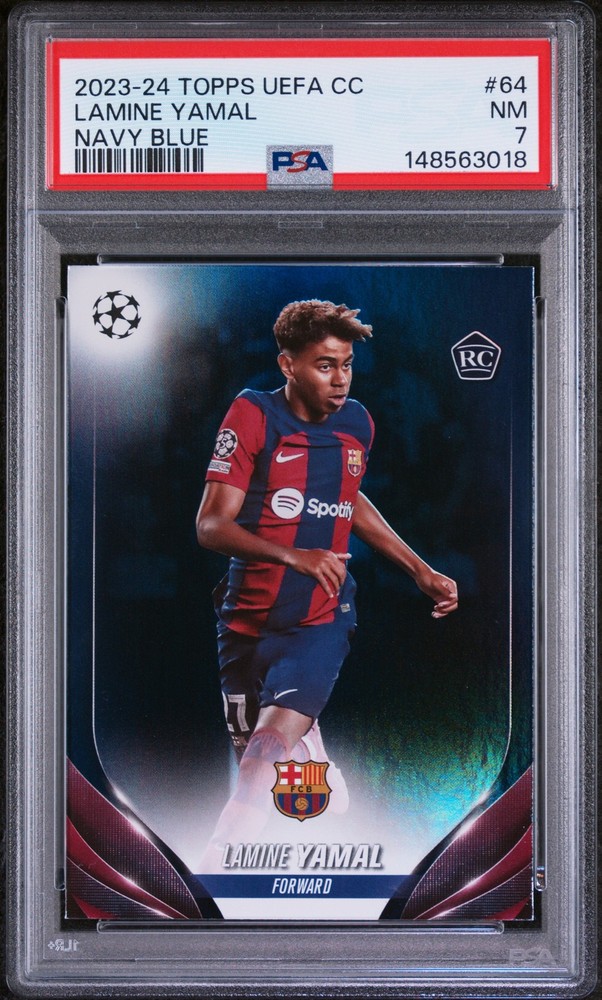2023-24 TOPPS UEFA CLUB COMPETITIONS NAVY BLUE #64 LAMINE YAMAL RC 91/250 PSA 7