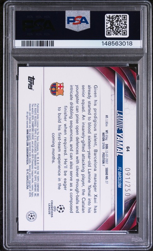 2023-24 TOPPS UEFA CLUB COMPETITIONS NAVY BLUE #64 LAMINE YAMAL RC 91/250 PSA 7 view 2
