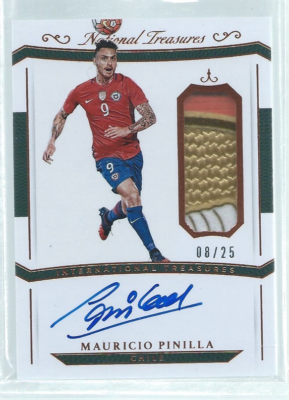 MAURICIO PINILLA 2018 NATIONAL TREASURES MATCH WORN LOGO PATCH ON CARD AUTO /25