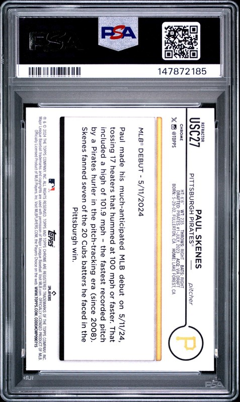 2024 TOPPS CHROME UPDATE REFRACTOR #USC27 PAUL SKENES PSA 10 view 2