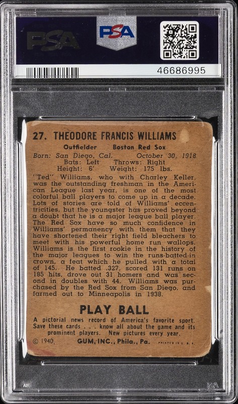 1940 PLAY BALL #27 TED WILLIAMS PSA 2 MK view 2