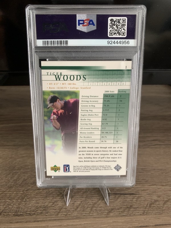 2001 Upper Deck Tiger Woods #1 (RC) PSA 9 view 2