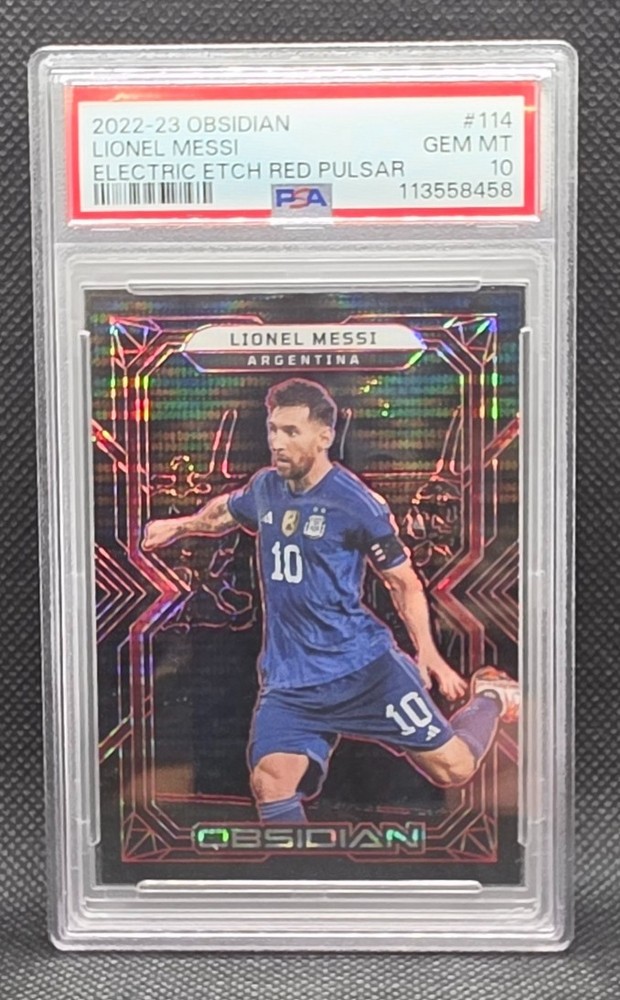 2022-23 Panini Obsidian Red Pulsar #114 Lionel Messi 07/30 PSA Authentic Auto