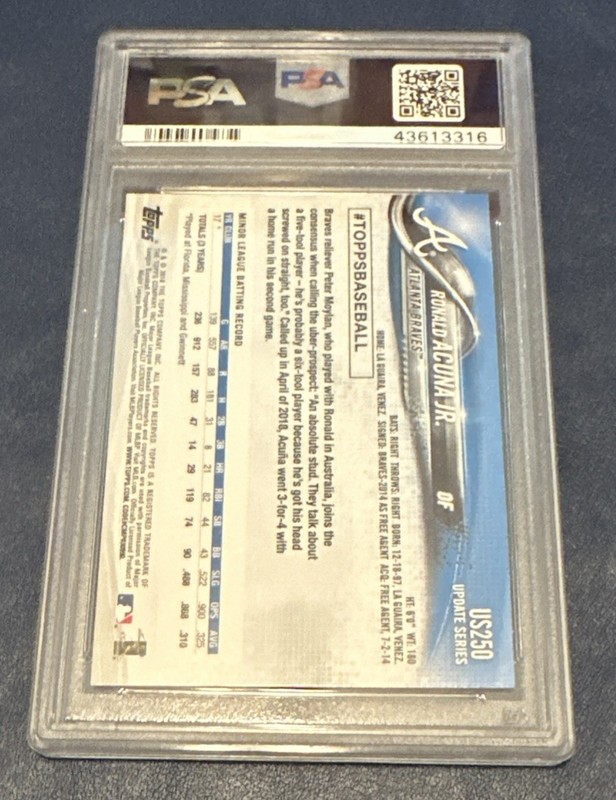 2018 Topps Update #US250 Ronald Acuna Jr At Bat In Blue Jersey RC Rookie PSA 10 view 2