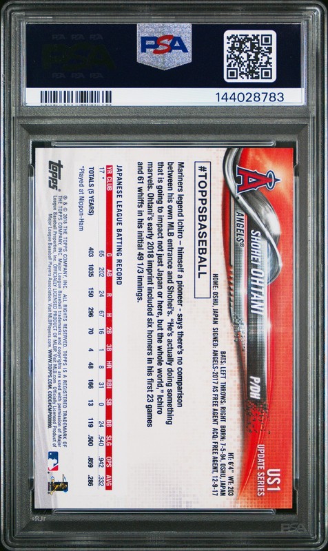 2018 TOPPS UPDATE #US1 SHOHEI OHTANI ROOKIE RC PSA 10 view 2