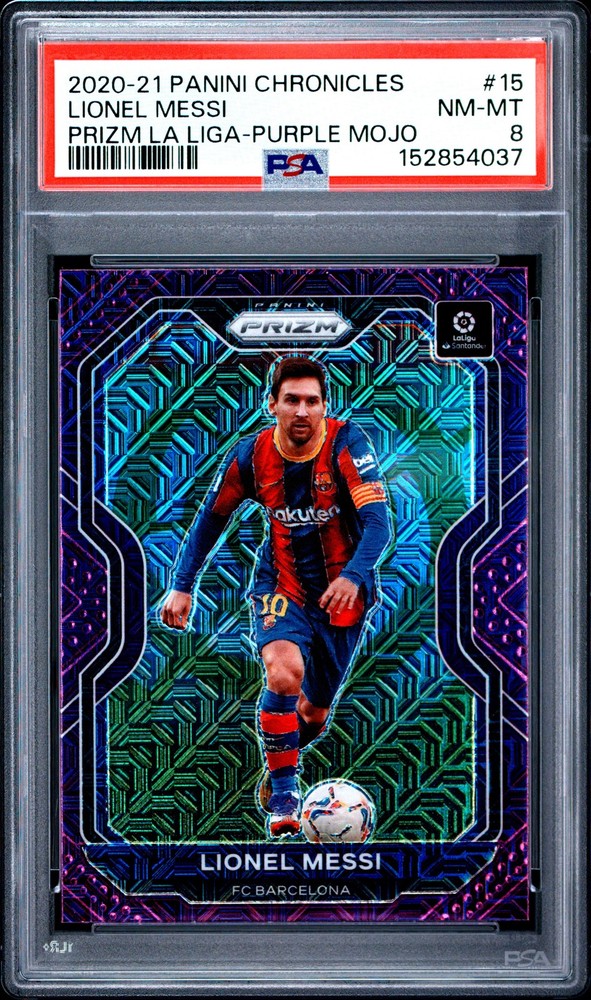 2020 PANINI CHRONICLES PRIZM LA LIGA PURPLE MOJO #15 LIONEL MESSI PSA 8