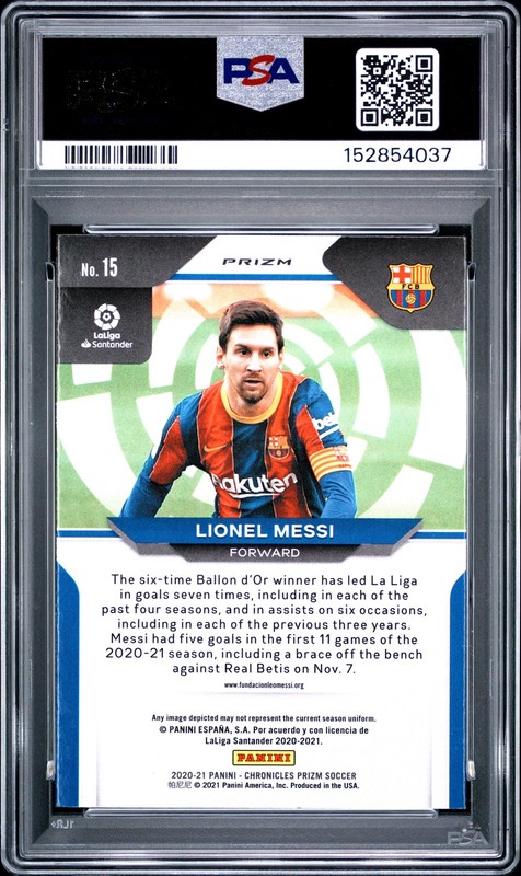 2020 PANINI CHRONICLES PRIZM LA LIGA PURPLE MOJO #15 LIONEL MESSI PSA 8 view 2