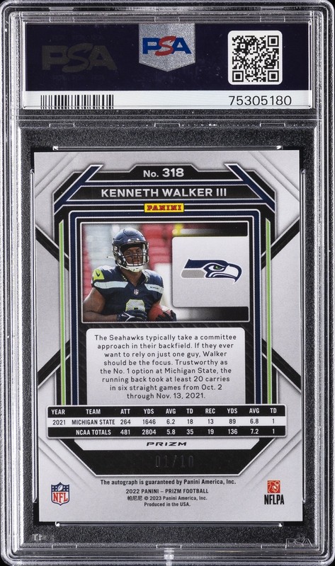 2022 PANINI PRIZM AUTO-NO HUDDLE GOLD #318 KENNETH WALKER III 1/10 PSA 9 view 2