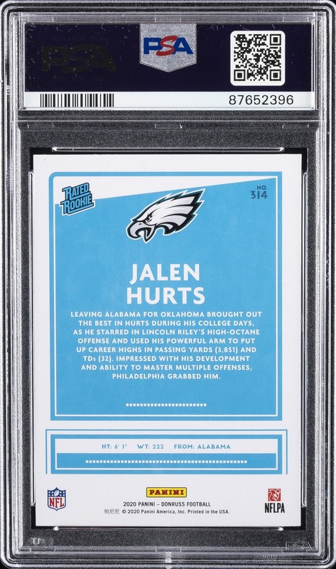 2020 PANINI DONRUSS #314 JALEN HURTS ROOKIE RC PSA 10 view 2