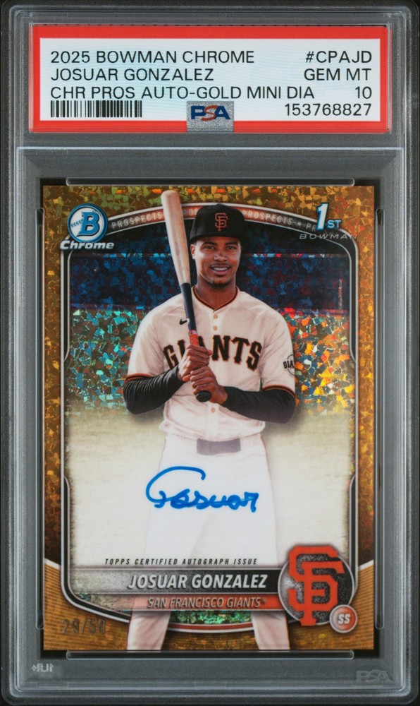 2025 BOWMAN CHROME PROSPECT AUTO GOLD MINI DIAMOND JOSUAR GONZALEZ 29/50 PSA 10